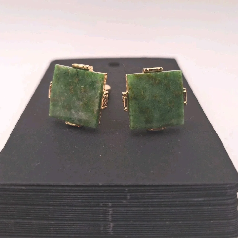 Vtg Swank Men's Square Green Jade Cufflinks Gold Tone Mid Century Modern Signed